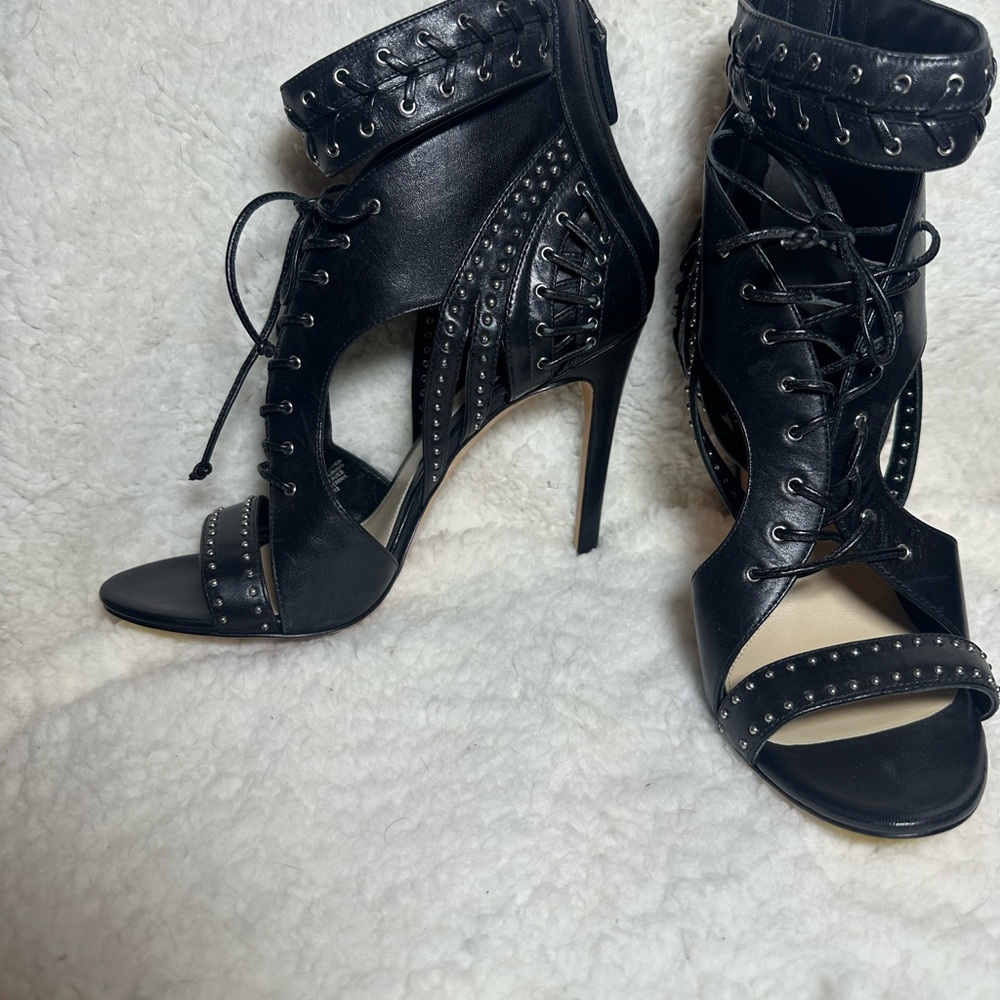 Brian Atwood Black Studded Lace-Up Heels - Picture 3 of 7